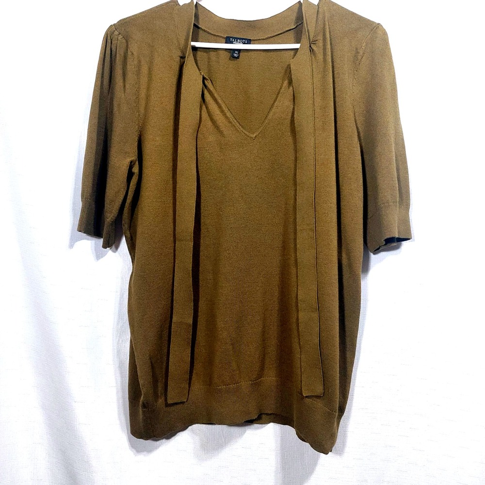 Talbots Womens XL Tight Knit Sweater Stretch Short Sleeves Tie at V Neck Olive
